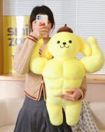 A yellow sanrio muscular plushie, Pompompurin, flexing a bicep.