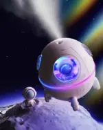 Kawaii Mini Spaceship Humidifier, an astronaut humidifier, emitting mist in a space setting.