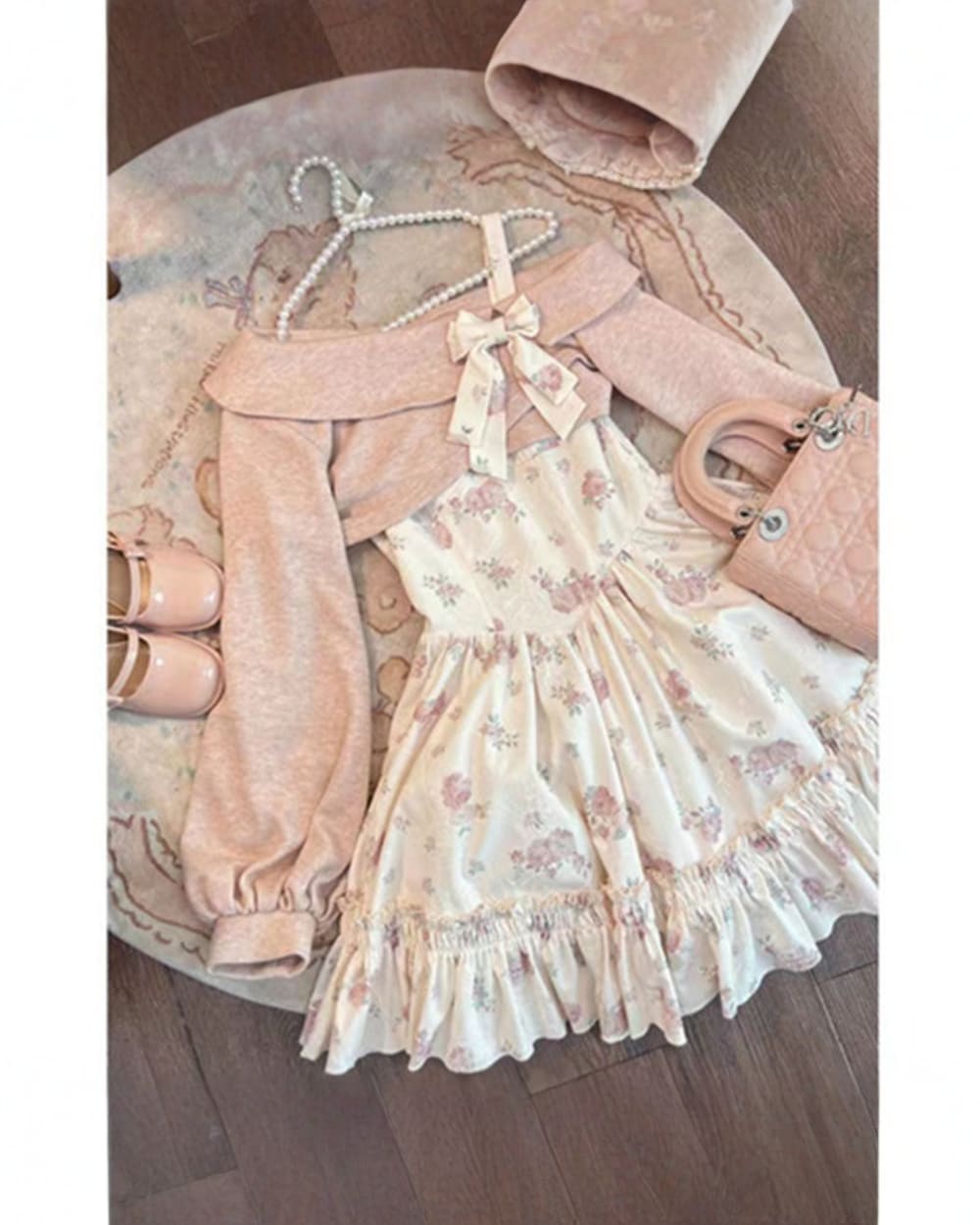 Pink Bow Floral Dress - Soft Girl Aesthetic with cardigan and accessories.