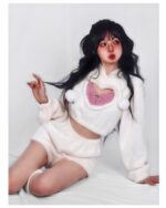 White kawaii fluffy pajamas set featuring a heart-shaped cutout and pom-poms.