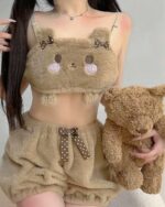 Kawaii bear pajamas set featuring a brown plush top and shorts with bear ears and bows.