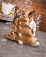 Two Kawaii Lazy Shiba Plushies in various sizes, displayed on a wooden surface.