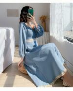 Blue french aesthetic dress with square collar and puffed sleeves, long skirt with lace trim.