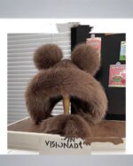 Close-up of a Thick Fluffy Bear Ears Hat - Kawaii Winter, featuring plush brown pom-pom ears and a warm design.