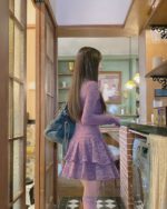 Woman wearing a purple lace gothic aesthetic dress, standing in a vintage-style interior.