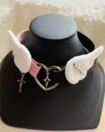 Close-up of a Winged Heart Necklace – Harajuku Aesthetic, featuring fluffy white wings and a heart design.