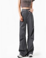 Rivet Design Loose Pants - Korean aesthetic pants in gray, wide-leg style.