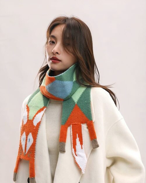 Cute fox scarf featuring a cottage aesthetic design, knitted wool scarf.
