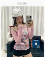 Retro Style Long Sleeves Pink Top - Cutecore Aesthetic, featuring a floral print and long sleeves.