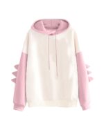 White and pink dinosaur hoodie with ribbed cuffs and drawstring. Kawaii product-keyword.