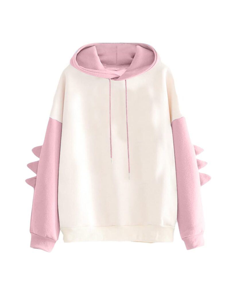 White and pink dinosaur hoodie with ribbed cuffs and drawstring. Kawaii product-keyword.