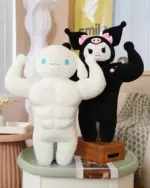 Sanrio muscular plushies: Kuromi and Hello Kitty posing with flexed arms.