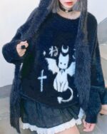 Kawaii Neko Sweater - Goth Punk Aesthetic, featuring a black fuzzy sweater with a white cat graphic.