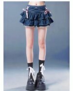 Denim high waist french style bow skirt with ruffles and lace detailing. Y2K aesthetic.
