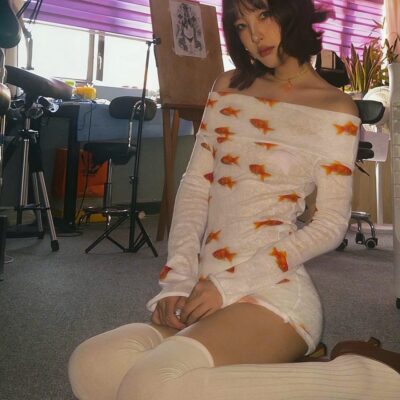 Slim Fit Goldfish Dress - Y2K Aesthetic