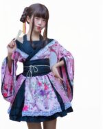 Pink floral harajuku aesthetic kimono cosplay dress with lace details and sleeves.