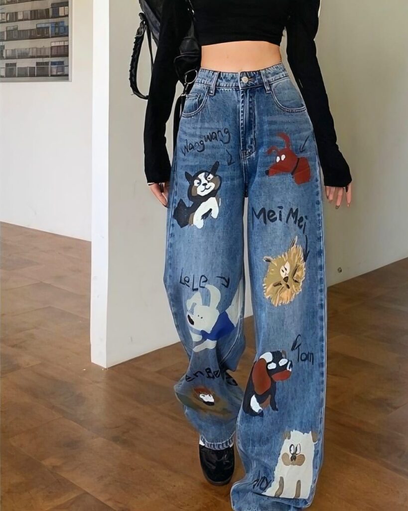 Retro Style Cute Graffiti Jeans - Y2K Aesthetic featuring colorful character illustrations on denim.