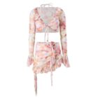 Four-piece kawaii aesthetic swimsuit set, featuring a crop top and wrap skirt.