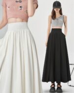 Long loose korean aesthetic skirt in white and black, showing different styles.