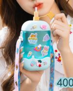 Kawaii ice cream water bottle with colorful ice cream designs and a carrying strap.