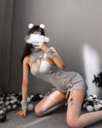 Gray kawaii cat girl dress with lace-up detailing and thigh-high stockings.