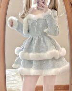 Fluffy Princess Winter Aesthetic Dress with faux fur trim and puffed sleeves.