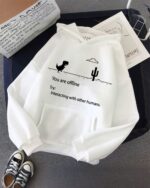 White dinosaur gamer hoodie featuring a 'no internet' design and pixel art.