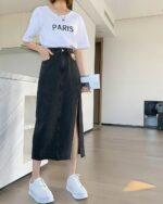 Black denim long skirt, a korean denim skirt style with a side slit.