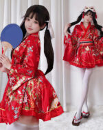 Casual red harajuku aesthetic yukata with floral pattern, fan, and accessories.