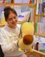 A cute kawaii avocado plushie being held by a woman.