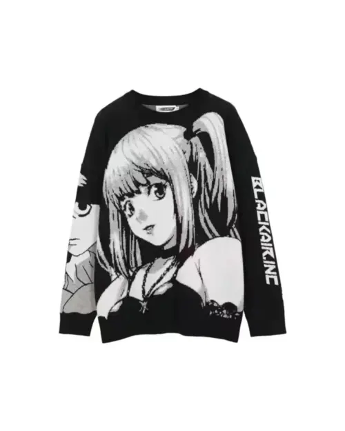 Black Harajuku animecore sweater featuring a character illustration.