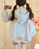 White rabbit ears hoodie with fluffy accents, kawaii clothes.