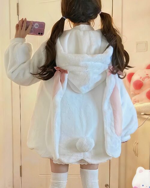 White rabbit ears hoodie with fluffy accents, kawaii clothes.