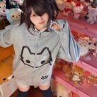Cute Neko Print Gray Hoodie - Harajuku Aesthetic word1