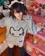 Cute Neko print hoodie featuring a gray design with cat illustrations.