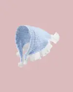 Retro triangle headscarf in blue gingham with white ruffles.