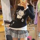 Patched Neko Off-Shoulder T-Shirt - Cutecore Aesthetic word2