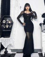 Black mesh long sleeve gothic aesthetic dress worn by a model.