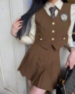 Korean Three-piece Suit - College Aesthetic, a brown three-piece suit resembling a korean school uniform style.
