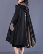 Black long hooded coat with layered design and oversized hood, harajuku outerwear.