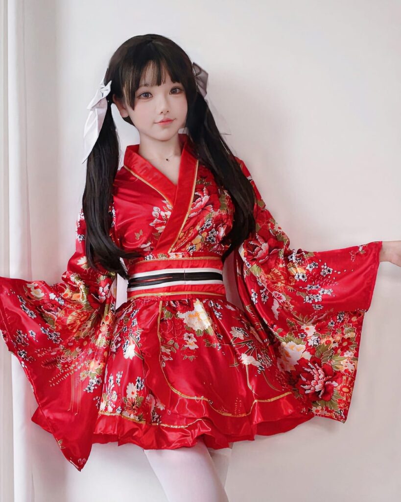 Red harajuku aesthetic yukata worn by a woman with black hair and pigtails.