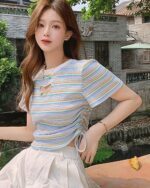 Striped Korean aesthetic top with butterfly detail, casual short sleeve style.