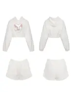 Kawaii fluffy pajamas set featuring a hooded sweatshirt and shorts.