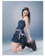 High Waist French Style Bow Skirt - Y2K Aesthetic denim skirt with layered ruffles and a bow detail.