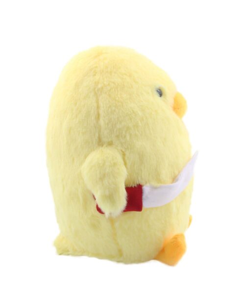 Kawaii duck with knife plush toy, yellow, sitting pose.