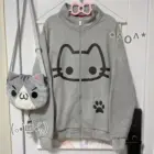 Cute Neko Print Gray Hoodie - Harajuku Aesthetic word1
