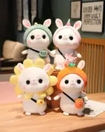 Set of kawaii bunny plushies with hats and accessories, including a carrot and sun. A cute kawaii bunny plushie.