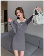 Gray korean knitted dress with a collar and button front, vintage style.