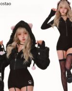 Black cat jumpsuit set featuring a hooded jacket and matching shorts, coquette aesthetic apparel.