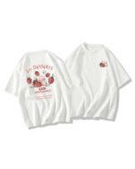 Two white strawberry bunny t-shirts with graphic designs.
